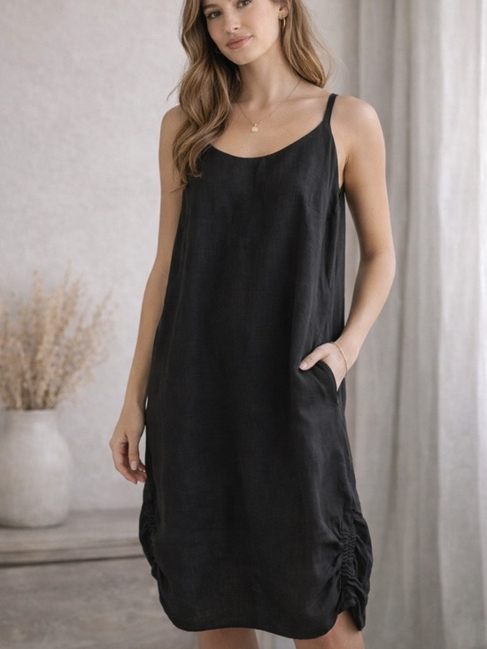 Diane Ness Dresses & Skirts - Diane Ness Art To Wear Black Linen Shift Dress Handmade USA Ruched Hem Pockets